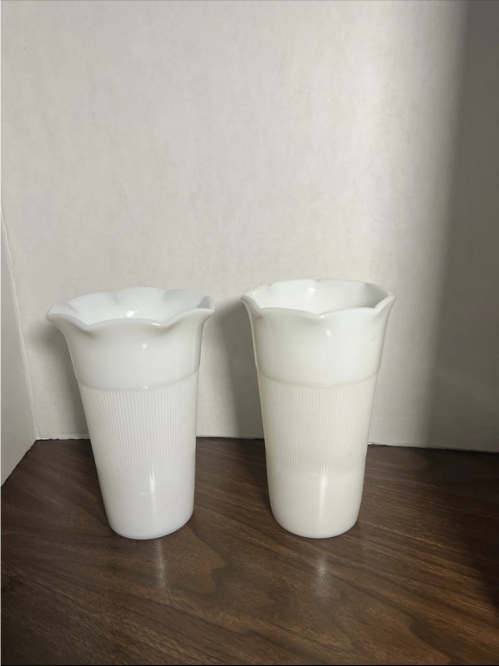 Pair of White Scalloped Edge Milk Glass Vases